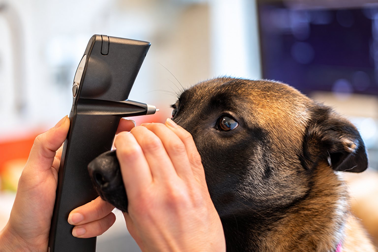 Un vétérinaire tient la tête d'un chien de type berger malinois et examine son œil avec un appareil portable noir.