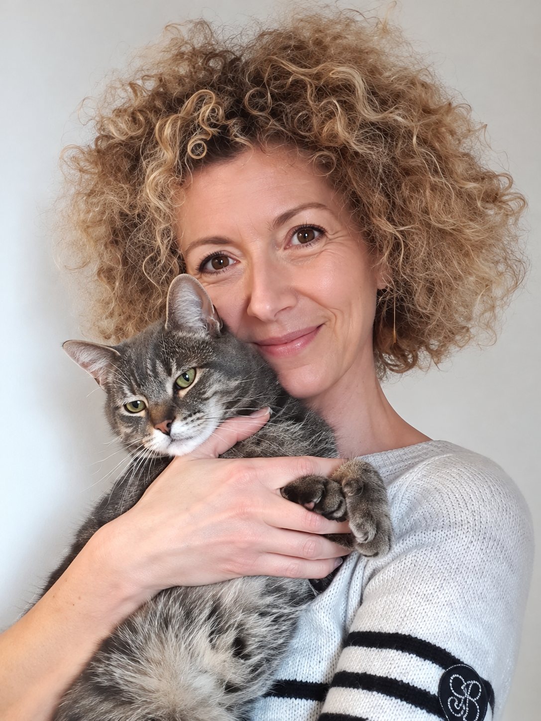 Une femme souriante aux cheveux blonds bouclés tient tendrement un chat tigré gris contre elle, devant un mur clair.