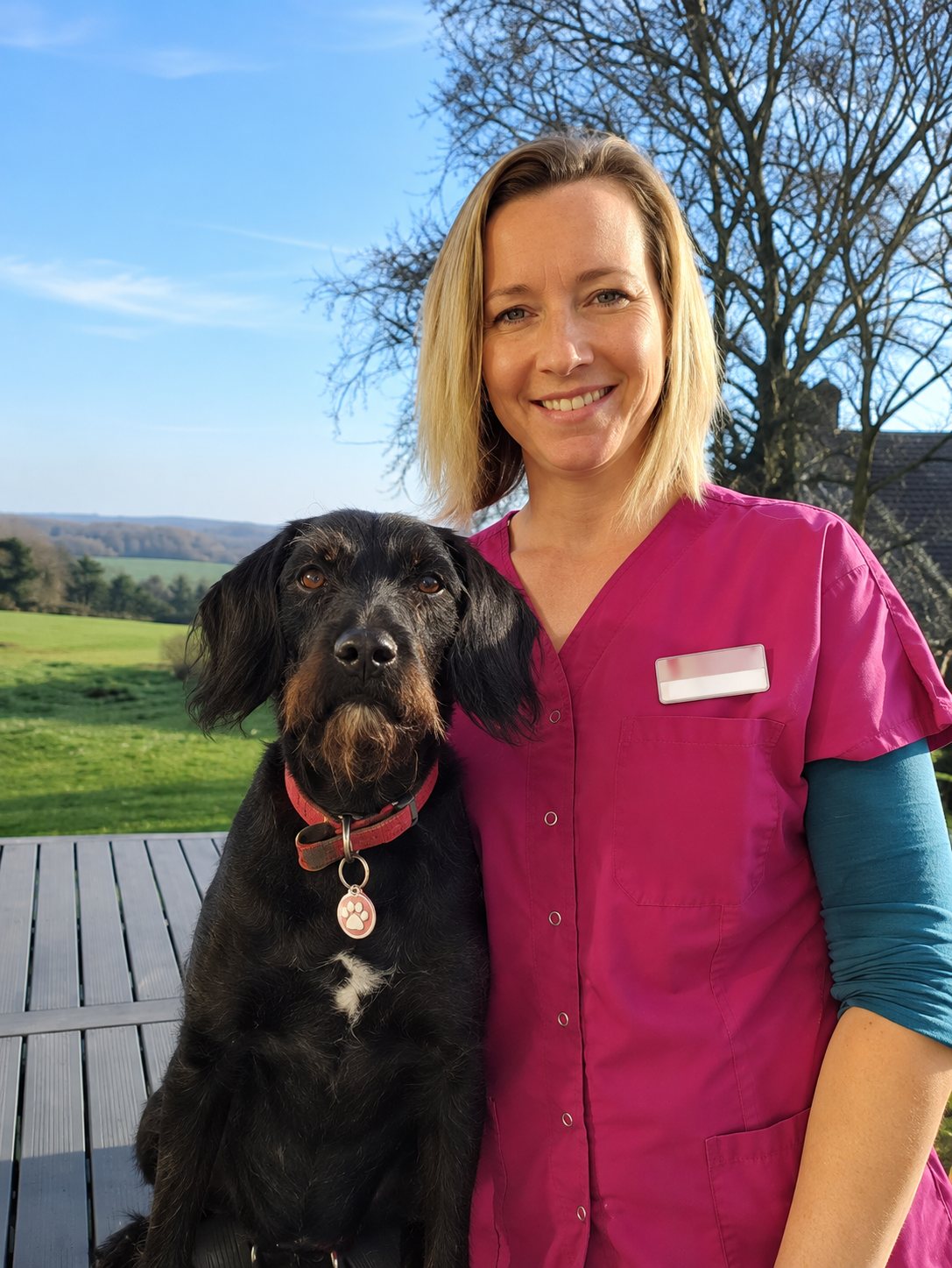 Une femme blonde en tunique rose sourit à côté d'un grand chien noir à poil long, sur une terrasse en bois avec un paysage de campagne en arrière-plan.