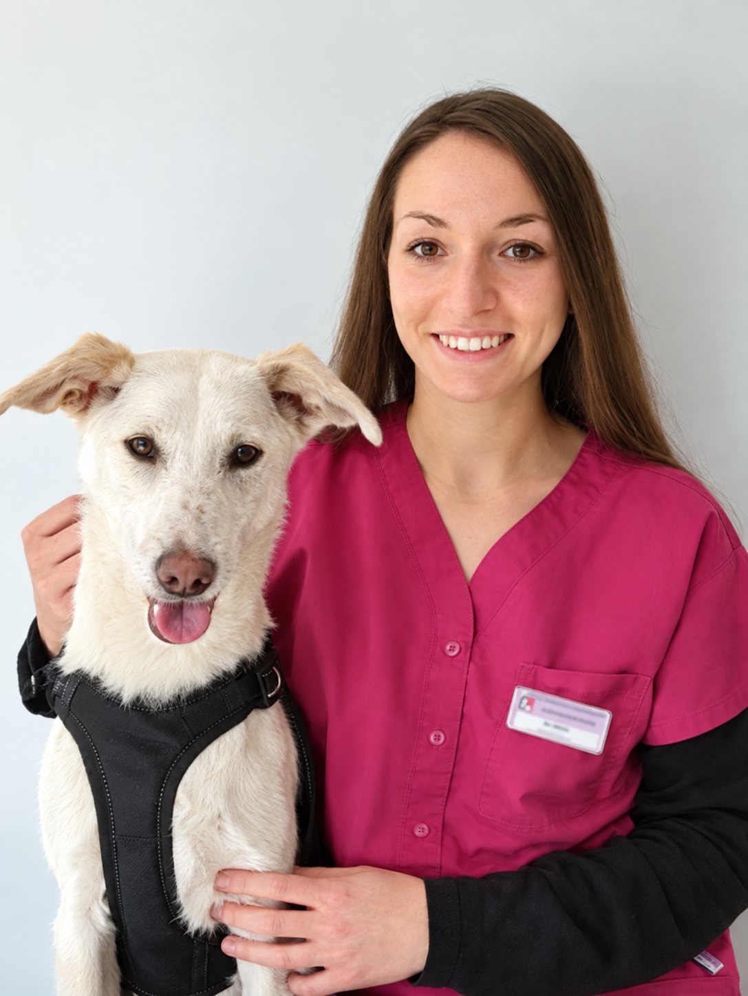Une jeune femme souriante en blouse rose pose à côté d'un chien clair portant un harnais noir, devant un mur blanc.