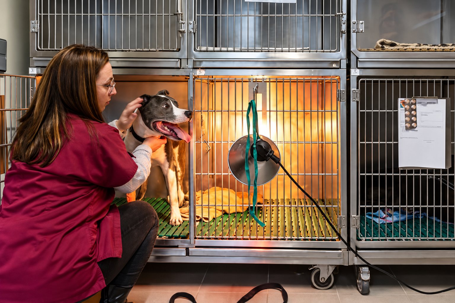 Une soignante en blouse bordeaux caresse un chien installé dans une cage en inox éclairée par une lampe chauffante, dans une clinique vétérinaire.