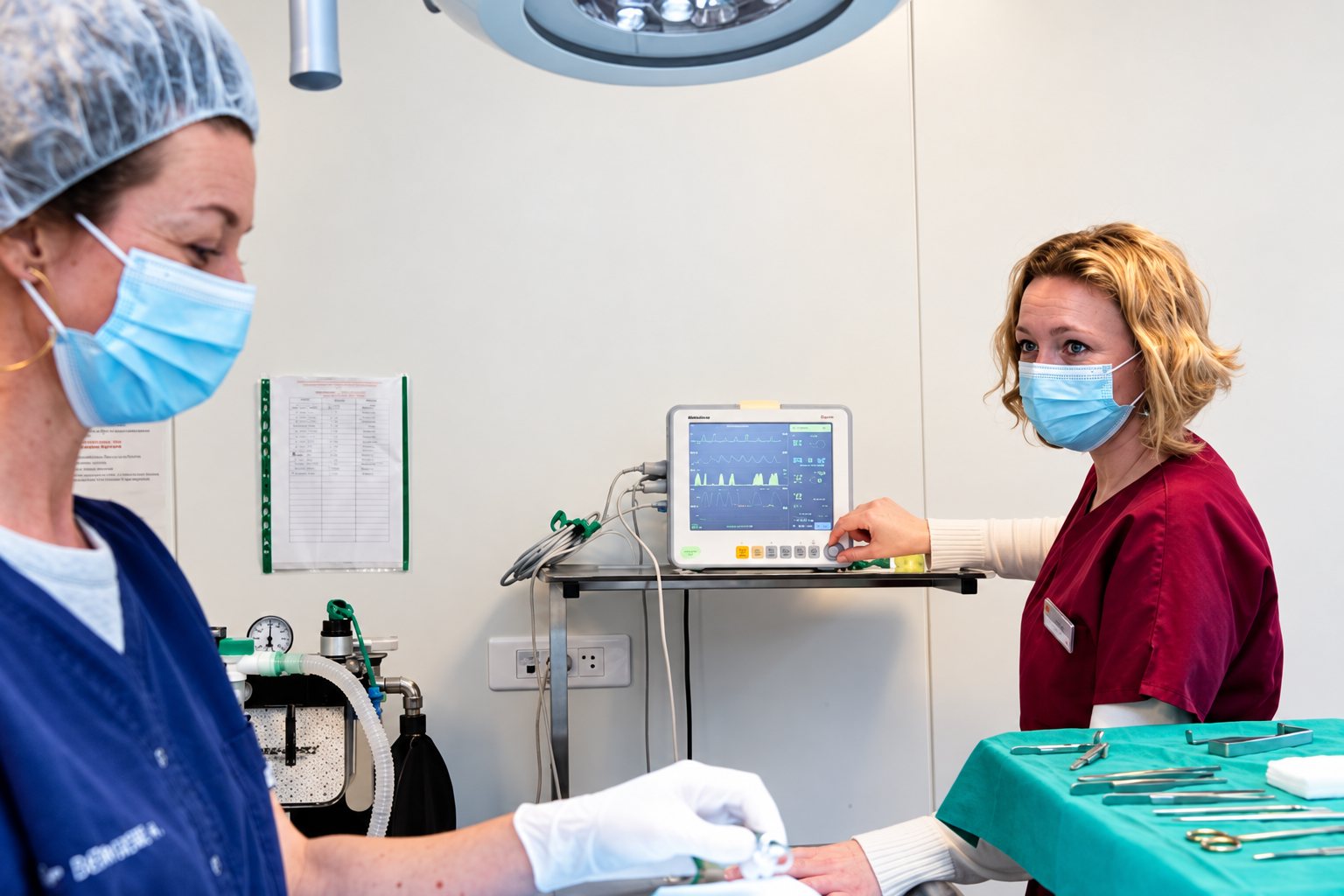 Deux soignantes portant masque et tenue médicale surveillent un moniteur et préparent des instruments chirurgicaux dans une salle d'opération.