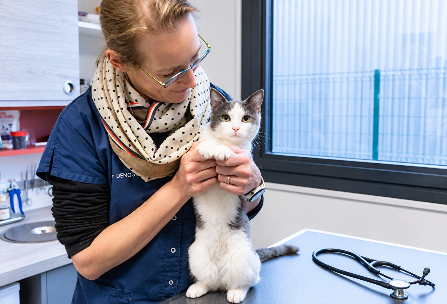 Une vétérinaire en blouse bleue et foulard à pois tient un chat gris et blanc debout sur une table d’examen, près d’une fenêtre.