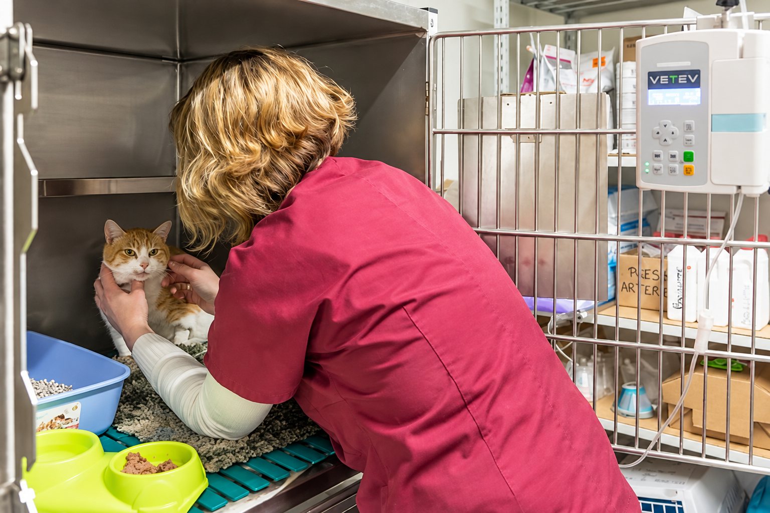 Une soignante en blouse rose caresse et examine un chat roux et blanc dans une cage de la clinique vétérinaire, à côté d'un appareil électronique et de gamelles.