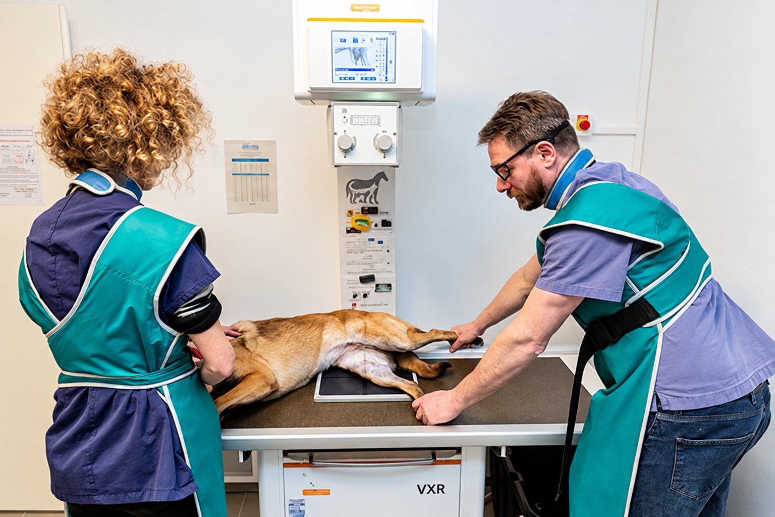 Deux soignants en tabliers plombés verts maintiennent un chien allongé sur une table de radiographie dans une clinique vétérinaire.