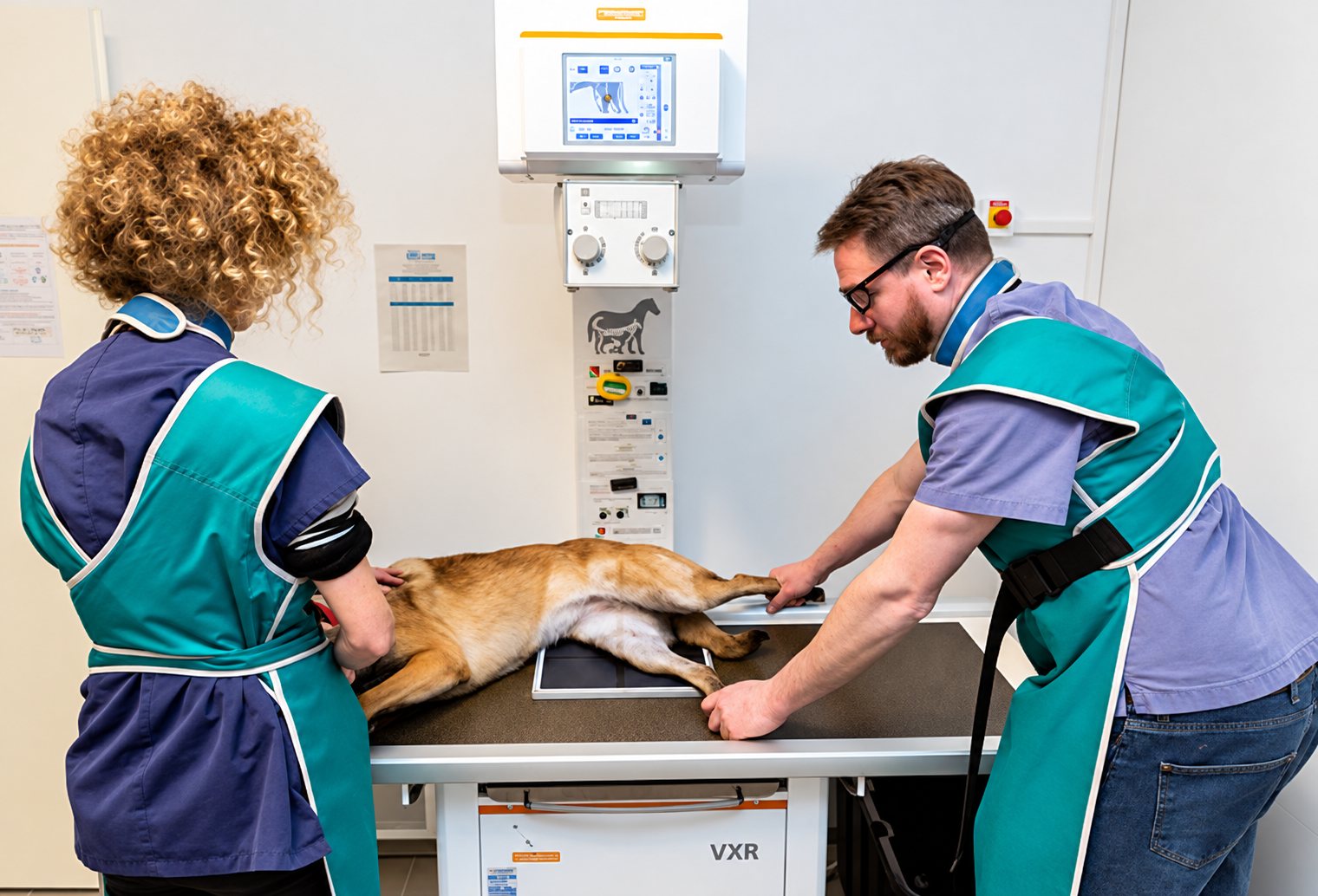 Deux vétérinaires portant des tabliers de protection verts maintiennent un chien allongé sur une table de radiographie dans une salle d'examen.